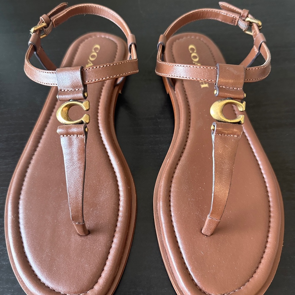 Coach Tan Jessica Sandals with Brass Hardware